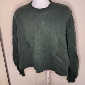 Vintage 1990s Y2K Worn Crop Crew Neck Sweater Forest Green XXXL